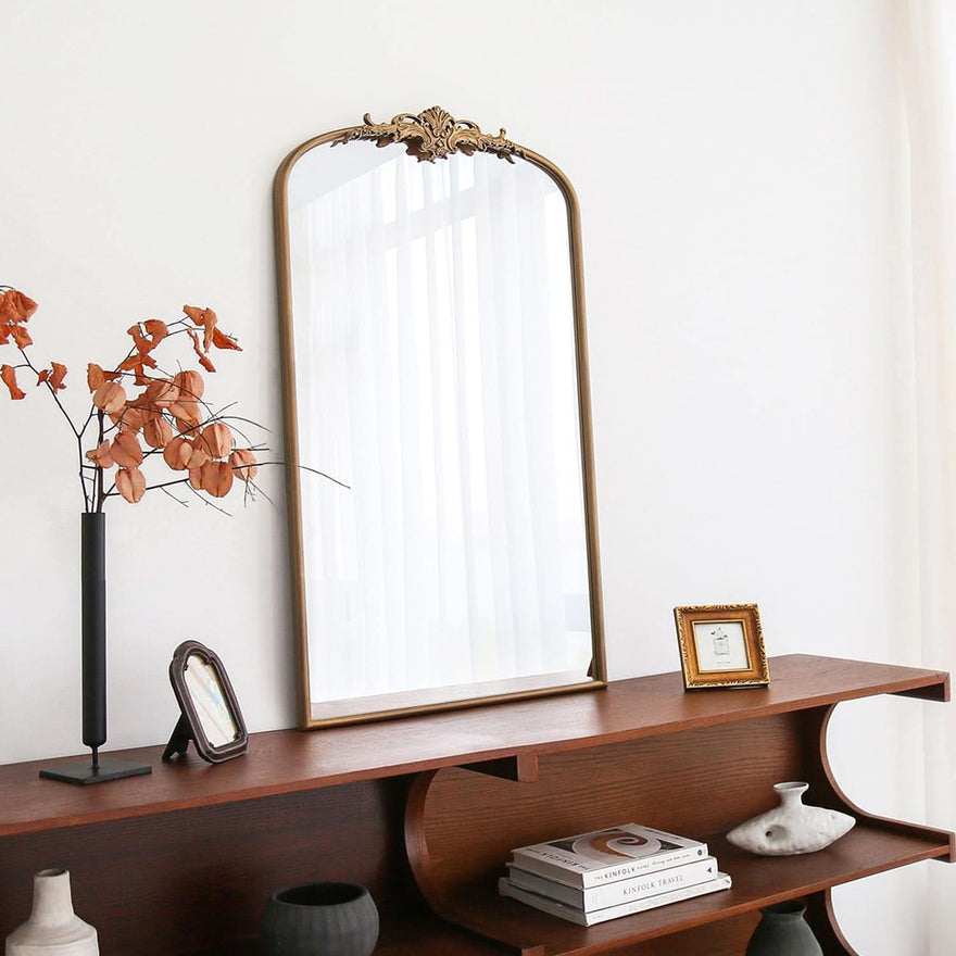 Arched Gold Baroque Mirror 42x24 Inch Wall Mounted